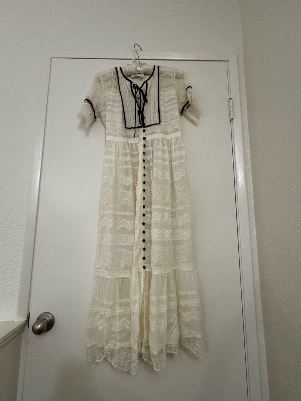 Anthropologie Ivory Lace Maxi Dress Black Trim Victorian 2P